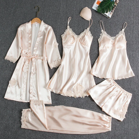 Set 5 pijamale din Satin Champagne Blossom