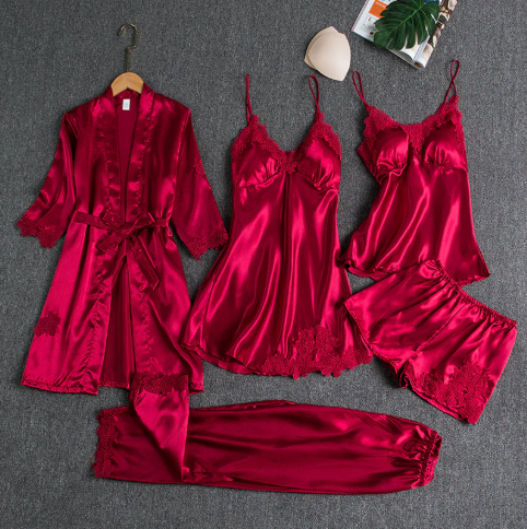 Set 5 pijamale din Satin Rosu Blossom